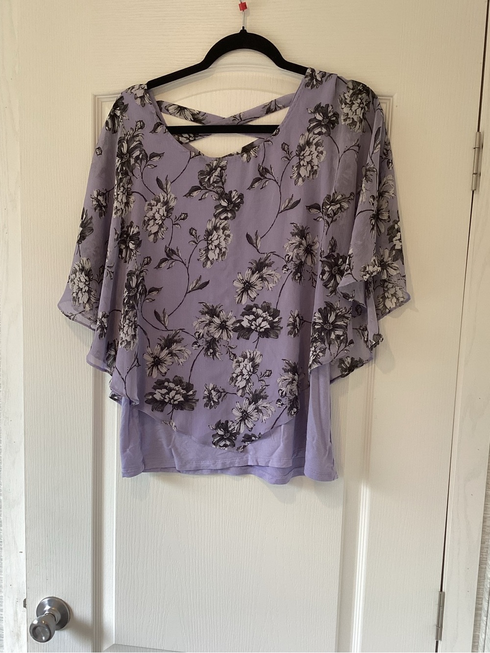 Lilac Floral Sheer Overlay Blouse with Cross-Back Detail XL EUC